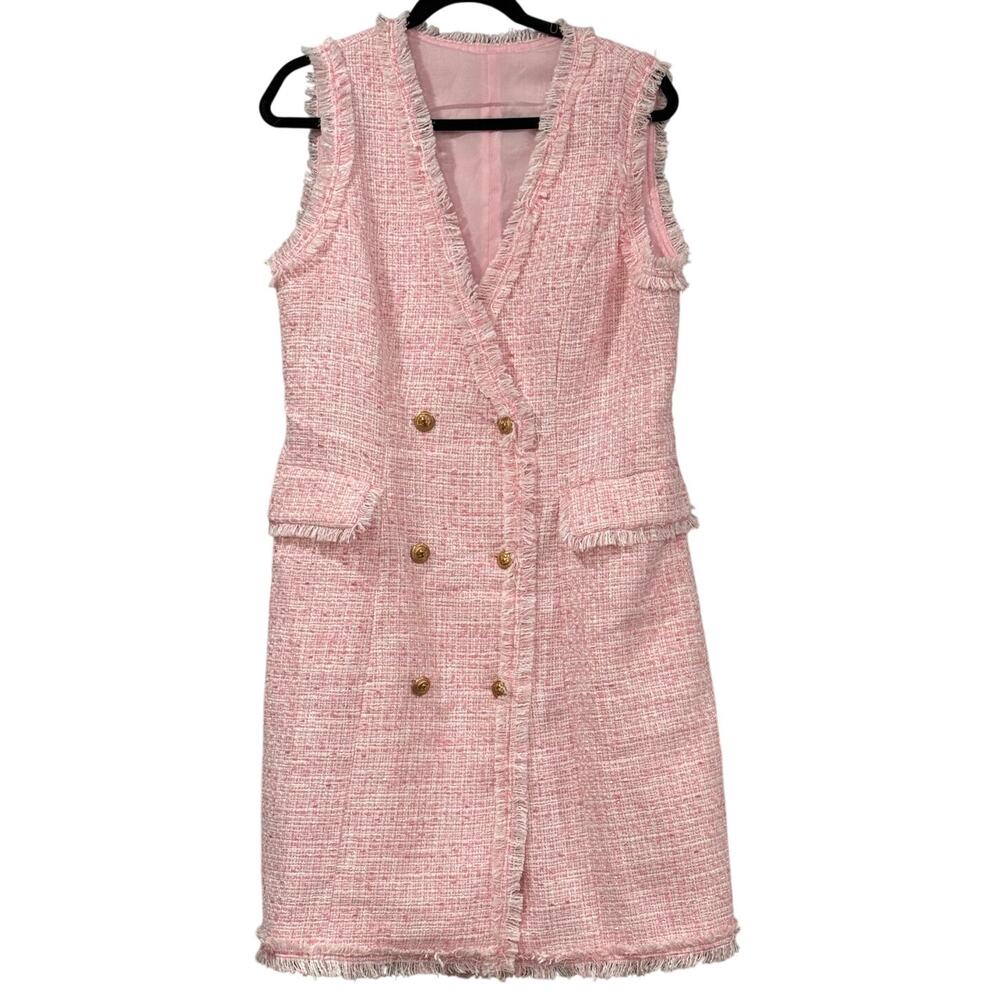 Pink Boucle Tweed Blazer Dress Fringe Gold Button Coquette Old Money Mini Paris - Picture 2 of 13
